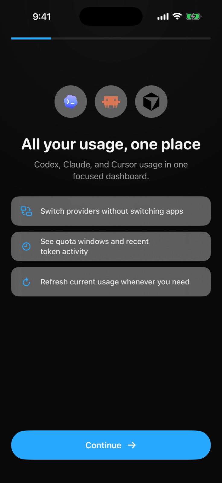 Usages onboarding screen