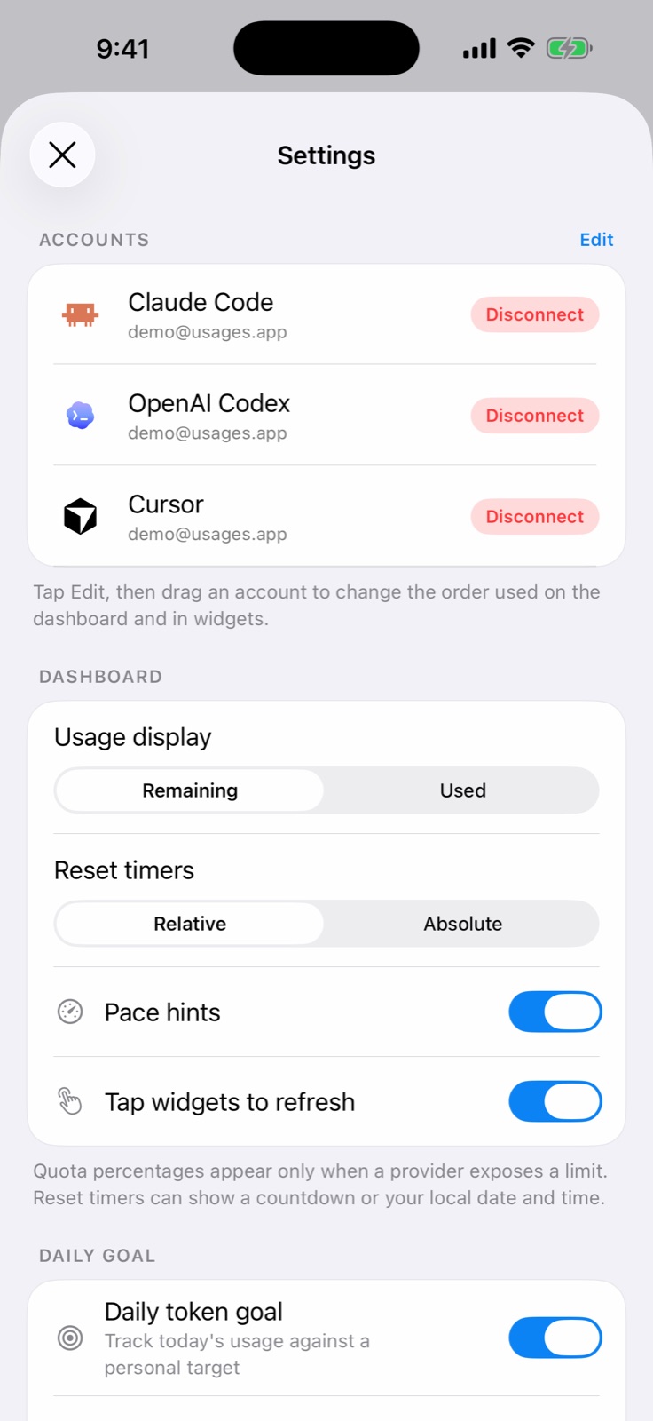 Usages settings screen